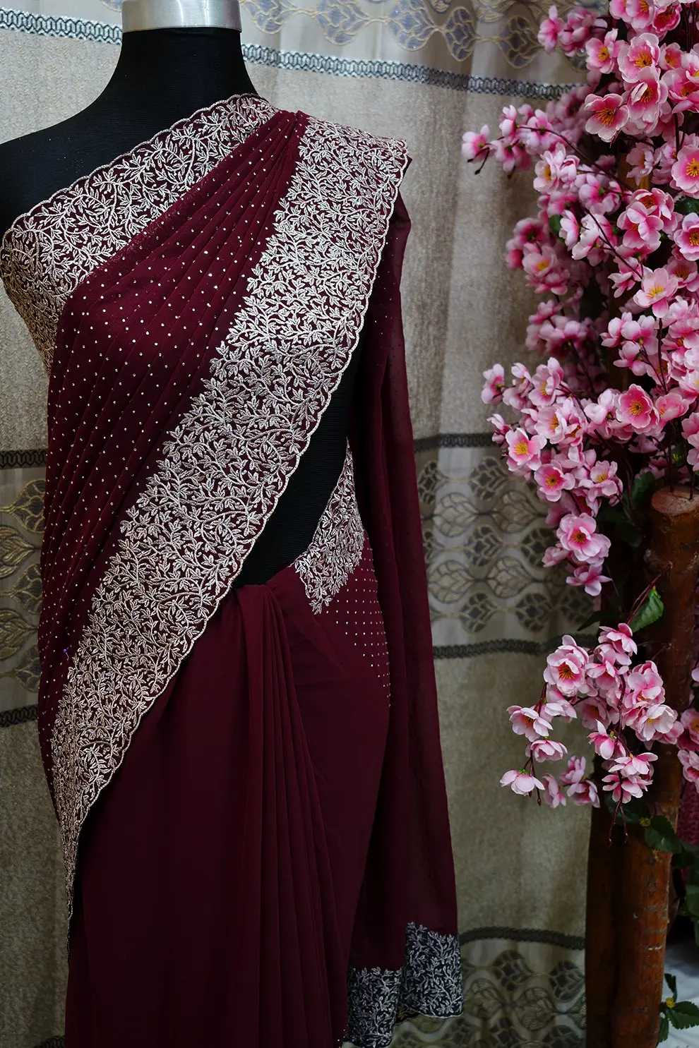 Merun Silk Blend Saree with Embroidery